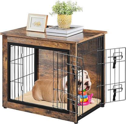 Yaheetech 27.5 Inch Dog Crate Furniture with Cushion, Wooden Dog Kennel with Double Door Side End Table with Adjustable Feet for Small Medium Dogs