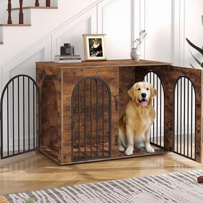 Hzuaneri 44.1" Wooden Dog Crate Furniture, Indoor Dog Kennel Dogs Cage for Small/Medium/Large Dogs, Heavy Duty Dog Crates Decorative Pet House End Side Table TV Stand, Rustic Brown DFC83901B