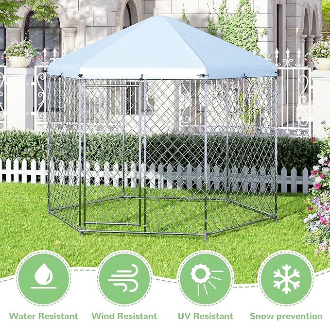 EUNHOO Outdoor Dog Kennel,6.9'L x 6.9'W x 7.5'H Metal Wire Dog Kennel for Large Dogs,Heavy Duty Dog Pen Dog Run with Roof, Fence for Dogs Outside Yard