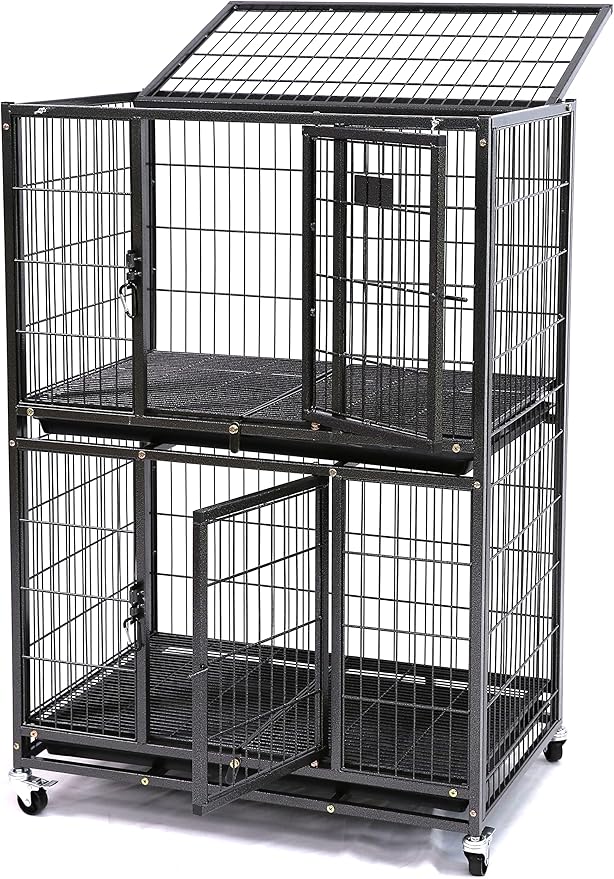 Homey Pet 31 Inch Two Tiers Heavy Duty Dog Crate Cage Kennel with Four Lockable Wheels, Removable Tray, Escape Proof Wire Drop Dog Crates for Small Dogs