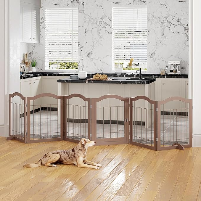 Vantas Folding No-Assembly Dog Door Pet Gate 144" Wide, 30" Tall Wooden Dog Gate with Door Walk Through, Freestanding Wire Pet Gate, Pet Puppy Safety Fence, with 2PCS Support – Espresso
