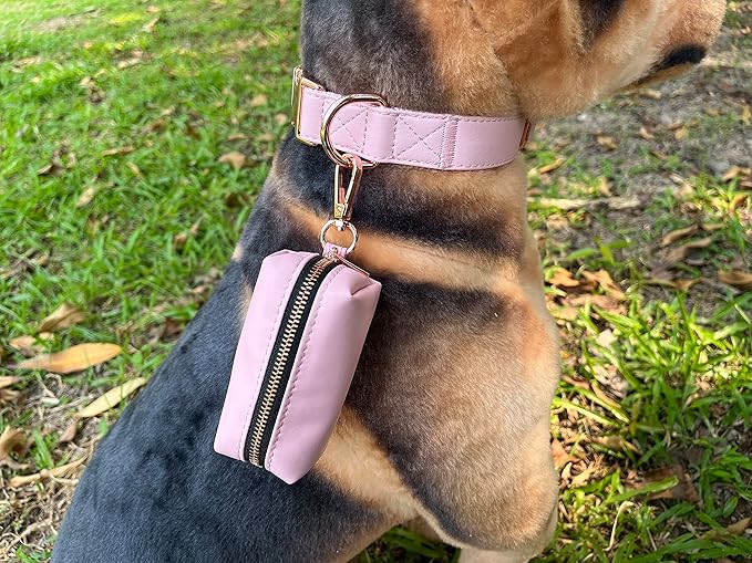 Dog Collar and Leash Set.Soft and Easy to Clean Vegan Leather with Rose Gold Metal Buckle for Small Medium Large Dogs (Pink-, Poop Bag Dispenser)