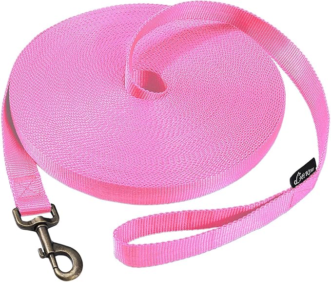 HIKISS Long Dog Leash Obedience Recall Training Agility Lead with Thickening Material for Large Dog - 15ft 20ft 30ft 50ft 100ft Training Leash(Pink 15ft)