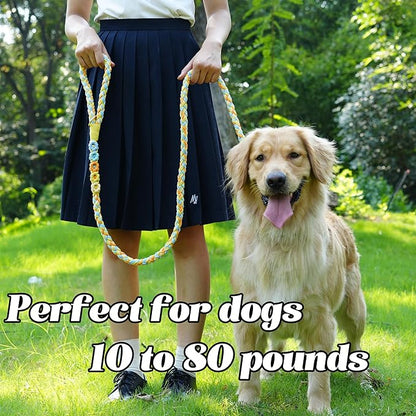 Handmade 5ft Braided Cotton Dog Leash with Unique Floral Handle, Durable and Stylish, Ideal for Small to Large Dogs(Sunshine Breeze)