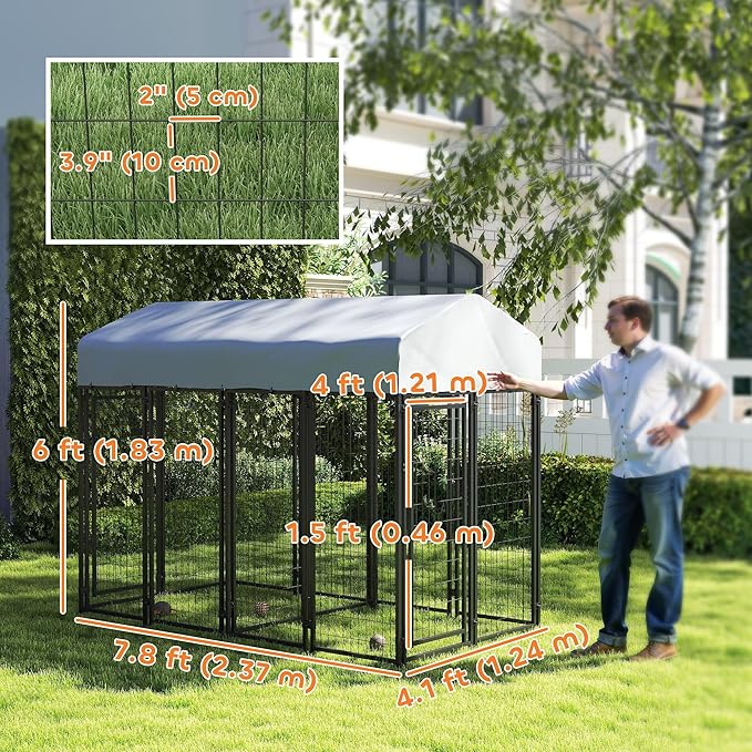 PawHut Outdoor Dog Kennel with 2 Rooms, 8' x 4' x 6' Heavy Duty Welded Wire Dog Playpen Enclosure with Escape-Proof Lock, UV-Resistant & Waterproof Cover, for Large Dogs, Chickens, Ducks, Silver