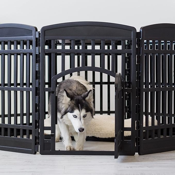 IRIS USA Dog Playpen with Door, 34” 8 Panel Pet Exercise Pen – Indoor Outdoor Puppy Play Pen, Portable Plastic Pet Fence for Small Medium Dogs, Foldable 63” x 63” x 34”, Black