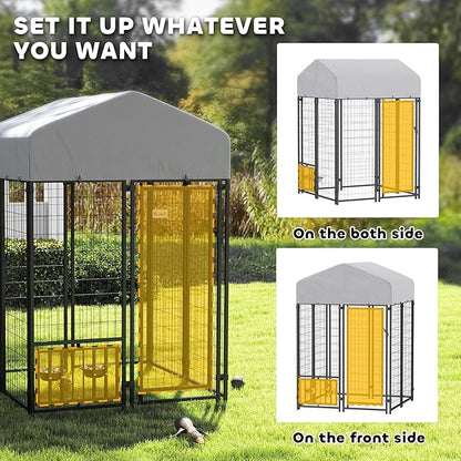 PawHut 4' x 4' x 6' Outdoor Dog Kennel, Welded Wire Dog Kennel Outside Run with 360° Rotating & 4 Level Adjustable Bowls, Waterproof & UV Resistant Cover, for S&M Breeds, Chickens, Ducks, Silver