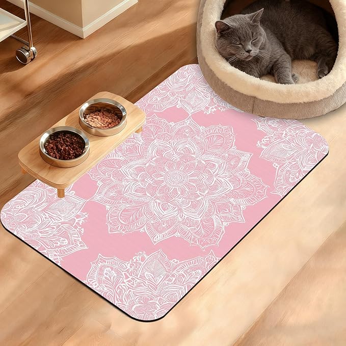 Pet Feeding Mat,Boho Mandala Absorbent Dog Cat Food Mat Pink Flower Dog Mat with Rubber Backing,Non-Slip Water Bowl Placemat,Pet Supplies 16" x 24"