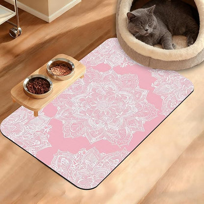 Pet Feeding Mat,Boho Mandala Absorbent Dog Cat Food Mat Pink Flower Dog Mat with Rubber Backing,Non-Slip Water Bowl Placemat,Pet Supplies 16" x 24"