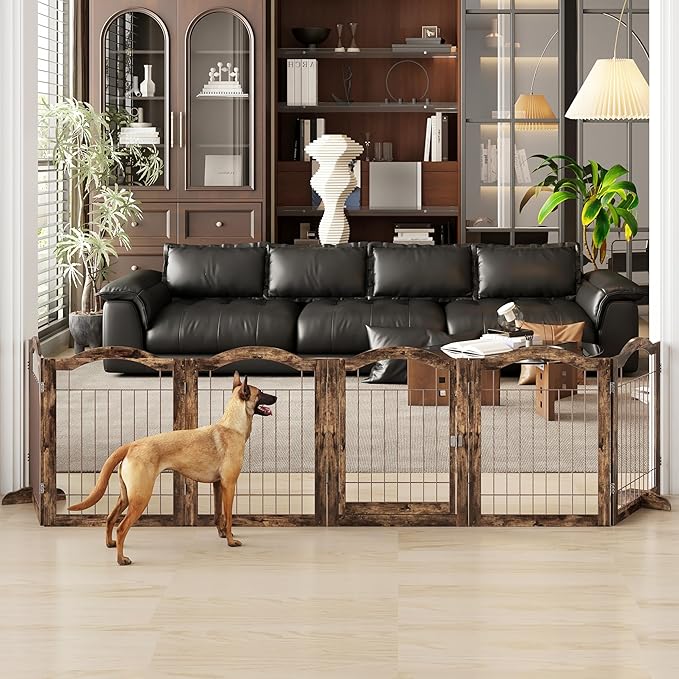 Vantas Folding No-Assembly Dog Door Pet Gate 144" Wide, 30" Tall Wooden Dog Gate with Door Walk Through, Freestanding Wire Pet Gate, Pet Puppy Safety Fence, with 2PCS Support - Rustic Brown