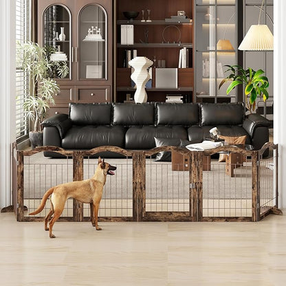 Vantas Folding No-Assembly Dog Door Pet Gate 144" Wide, 30" Tall Wooden Dog Gate with Door Walk Through, Freestanding Wire Pet Gate, Pet Puppy Safety Fence, with 2PCS Support - Rustic Brown