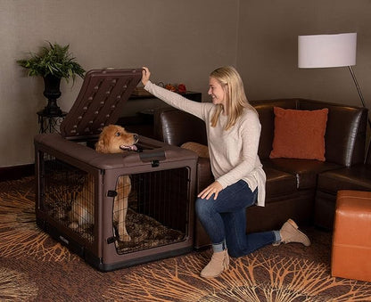 Pet Gear “The Other Door” 4 Door Steel Crate for Dogs/Cats with Garage-Style Door, Includes Plush Bed + Travel Bag, No Tools Required, Espresso, 42 Inch