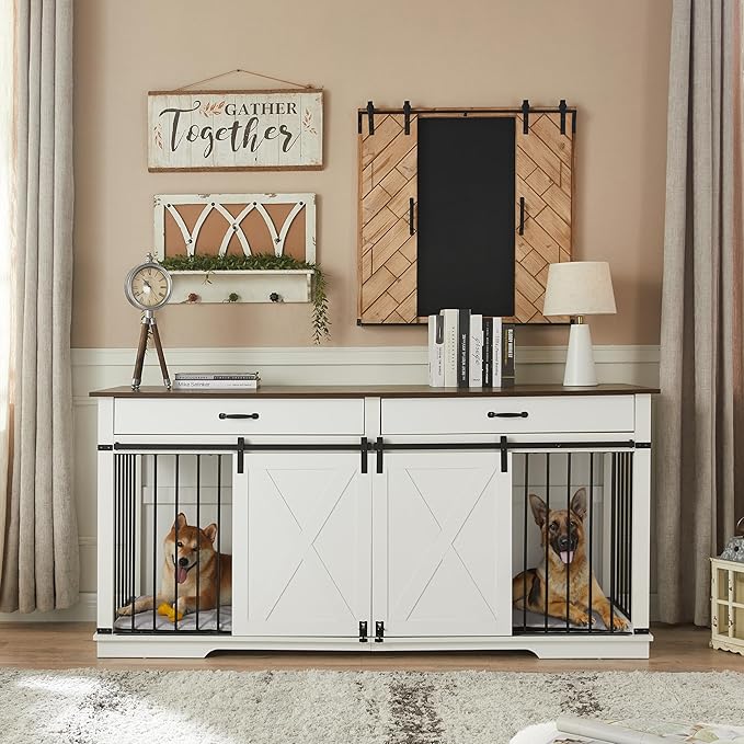 72.5" XXL Wooden Double Dog Crate Furniture for 2 Large Breeds, Farmhouse Barn Door, Removable Divider, Water Resistant with Built-in Drawers, Home Decor Pet Kennel, White