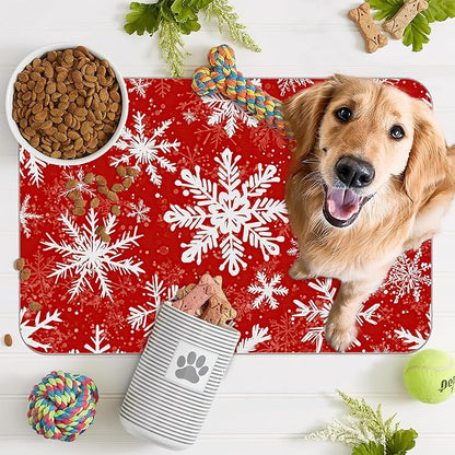 Christmas Dog Food Mat for Floors,Snowflake Absorbent Pet Food and Water Bowl Mats,Non-Slip Pet Feeding Mat,Pet Supplies 12" x 20"
