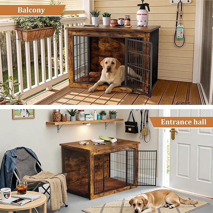 Greesum Modern Dog Crate Furniture That Doubles as a Side Table - Sturdy Wooden Kennel with Double Door Design, Equipped with Soft Cushion & Chew-Resistant Resign, Suitable for Dogs