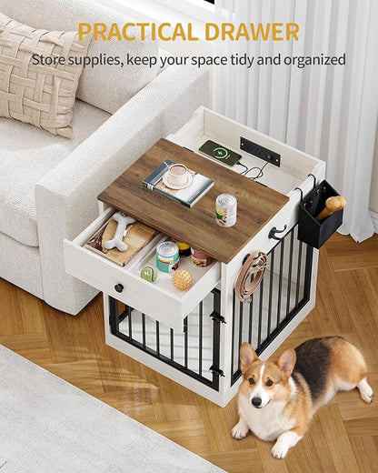 Hzuaneri 24.6'' Dog Crate Furniture with Charging Station, Dog Kennel Indoor with Flip-Top Storage, Wooden Pet Cage Dog House End Side Table for Small Dogs Anti-Chew Anti-Escape, White Brown DFC90114B