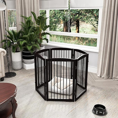 PUPETPO Freestanding Pet Gate for Dogs, Indoor Wooden Foldable Dog Gate for House, Extra Wide, Pet Fence for Stairs, Doorways, Halls, Support Feet Included, 120 Inch Wide, 6 Panels 32",Brown
