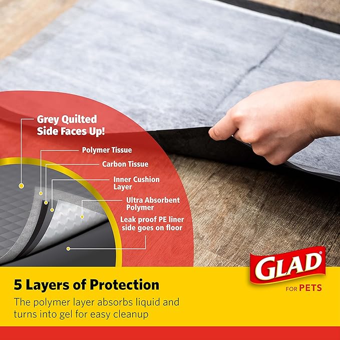 Glad for Pets Black Charcoal Puppy Pads - Super Absorbent Disposable Dog Pee Pads, Potty Training Pads, and Pet Supplies - Dog Pee Pads for Crate Training and Indoor Use 23" x 23" - 150 Count