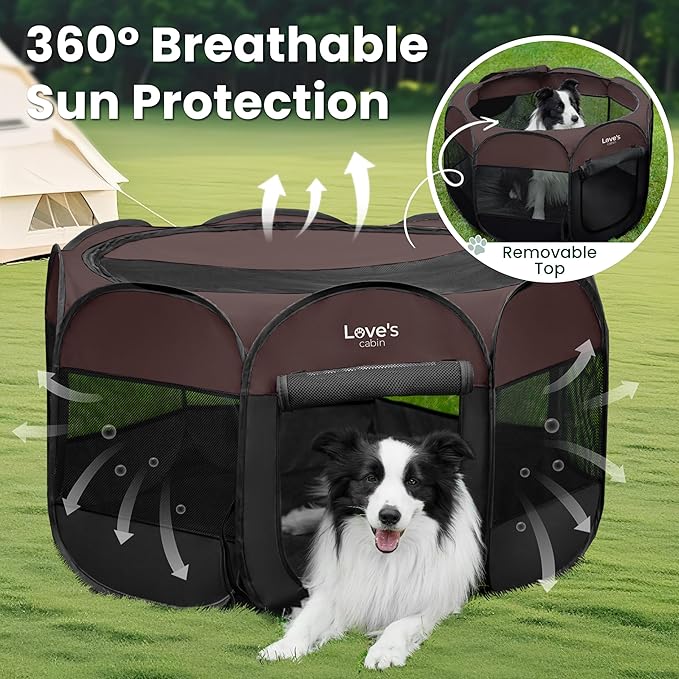 Love's cabin Pet Puppy Dog Playpen, Medium Dog Tent Crates Cage Indoor/Outdoor, Portable Playpen for Cat, Foldable Pop Up Dog Kennel Playpen with Carring Case, Removable Zipper Top, Brown