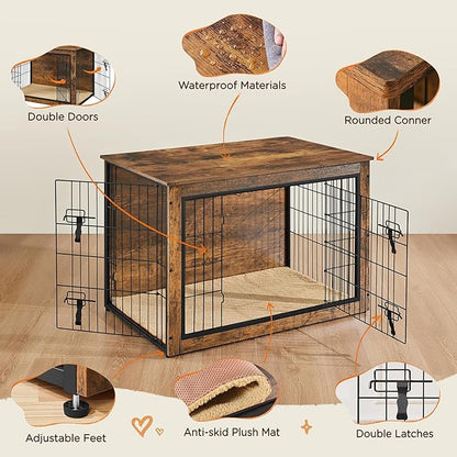 Yaheetech 38'' Dog Crate Furniture with Cushion Wooden Dog Crate with Double Doors/Adjustable Feet Side End Table for Medium/Large Dogs, 37.80" L x 25.59" W x 26.57" H