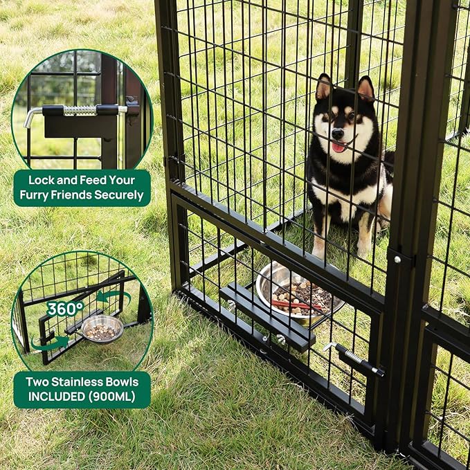 Dog Kennel Outdoor 4.5 x4.5 x4.9 ft with Roof and Rotating Bowl Holders, Large Metal Dog Enclosure, Heavy Duty Dog House Built with Robust 4mm Diameter Wire (4.5'L x 4.5'W x 4.9'H)
