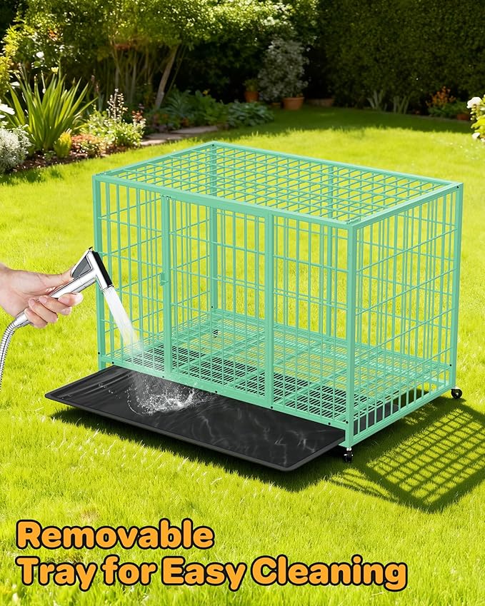 HIWOKK 48 Inch Large Dog Crate, Escape Proof Dog Cage with Dual Door Lock and Swivel Casters,Removable Tray for Easy Cleaning, Dog Kennel Indoor Outdoor Use