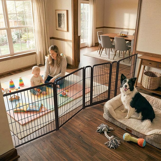 FXW Dog Gate Extra Wide Designed for Indoor Use, Adjustable Width Up to 111-inch Wide (32" H 4 Wire Panels for Small and Medium Dogs), Black