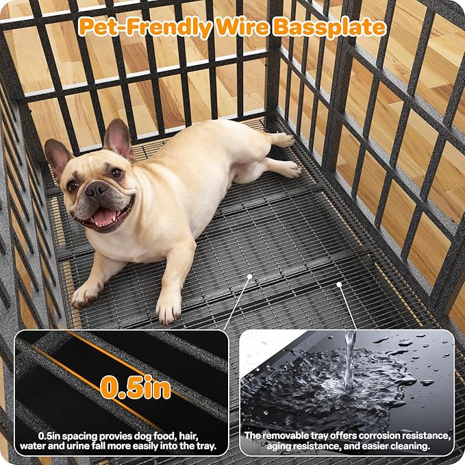 Hiwokk 38 Inch Heavy Duty Dog Crate, Indestructible Escape-Proof Dog Kennel for High Anxiety Large Dogs, Strong Metal Pet Cage with Double Doors, Lockable Wheels & Removable Tray, XL XXL XXXL