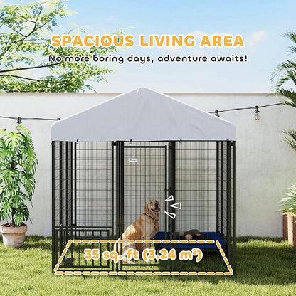 PawHut Outdoor Dog Kennel with Roof, 6' x 6' x 6' Heavy Duty Welded Wire Dog Playpen Enclosure with Escape-Proof Lock, Adjustable Bowls, UV-Resistant & Waterproof Cover, for S&M&L Breeds, Silver