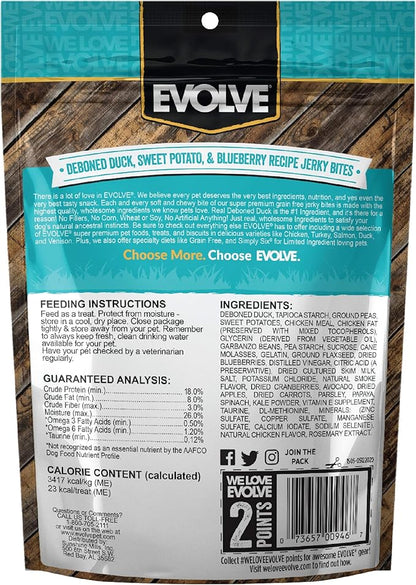 Evolve Grain Free Duck, Pea and Blueberry Jerky Bites Dog Treats (Pack of 2)