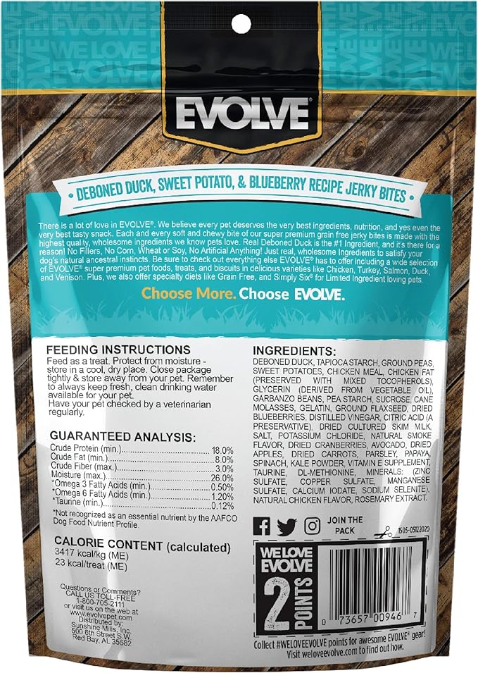 Evolve Grain Free Duck, Pea and Blueberry Jerky Bites Dog Treats