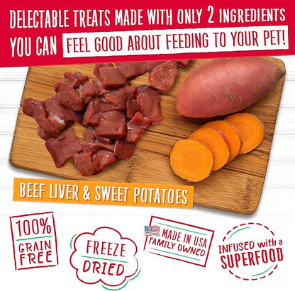 Charlee Bear Grain Free Meaty Bites Freeze Dried Dog Treats, Beef Liver and Sweet Potato, 2.25 Ounce Resealable Bag, Training Treats or Meal Topper Dogs, High Protein Snacks, Made in USA