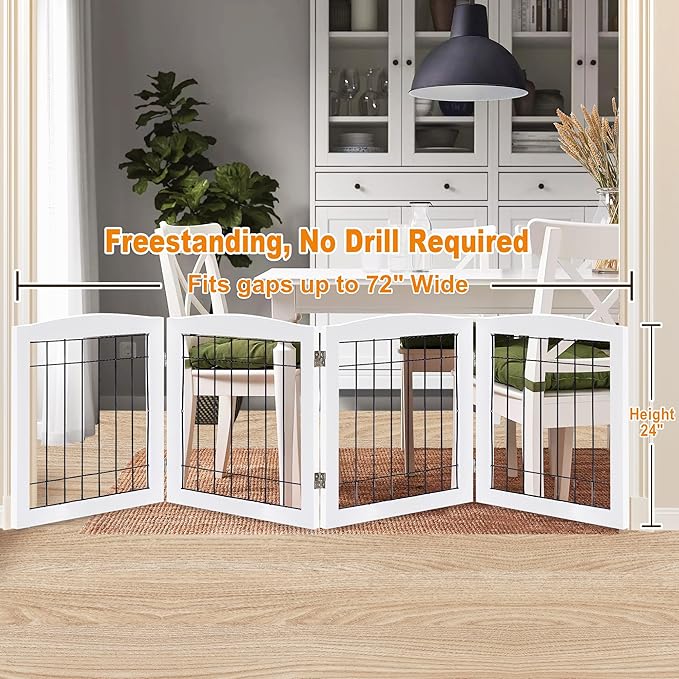 LZRS 4-Panel Extra-Wide Wooden Freestanding Dog Gate: Foldable Solid Wood and Steel Wire Chew Resistant Safety Barrier for Doorways, Stairs, and Large Open Spaces Indoor Use, White