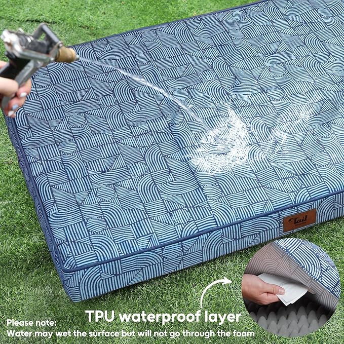 Outdoor Orthopedic Dog Bed for Extra Large Dogs, XL Waterproof Flat Pet Bed 44x32 Inch, Egg Crate Foam with Removable Washable Oxford Cooling Cover, White Blue