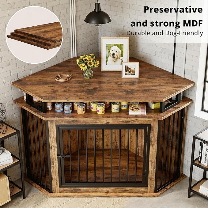 IRONCK Corner Wooden Dog Crate Furniture with 2-Tier Shelves, Pet Kennel for Large Dogs, Space-Saving Dog Cage for TV Stand, Rustic Brown (26.7" L x 51.2" W x 33.5" H)