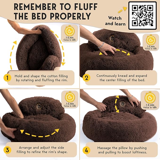 PetJett Dog Beds Large Sized Dog - 36'' Calming Round Bed, Anti-Slip & Washable Super Soft Donut Bed, Fluffy Faux Fur Anti-Anxiety Premium Comfort Pet Bed, Fits Dogs up to 80 lbs - Brown