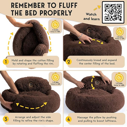 PetJett Dog Beds Large Sized Dog - 36'' Calming Round Bed, Anti-Slip & Washable Super Soft Donut Bed, Fluffy Faux Fur Anti-Anxiety Premium Comfort Pet Bed, Fits Dogs up to 80 lbs - Brown