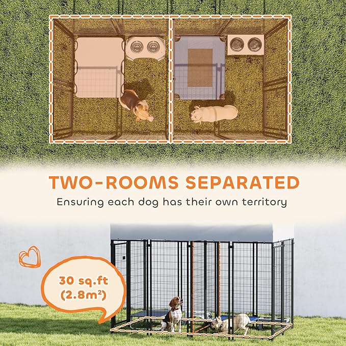 PawHut Outdoor Dog Kennel with 2 Rooms, 8' x 4' x 6' Heavy Duty Welded Wire Dog Playpen Enclosure with Escape-Proof Lock, UV-Resistant & Waterproof Cover, for Large Dogs, Chickens, Ducks, Silver