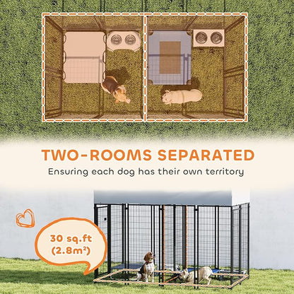 PawHut Outdoor Dog Kennel with 2 Rooms, 8' x 4' x 6' Heavy Duty Welded Wire Dog Playpen Enclosure with Escape-Proof Lock, UV-Resistant & Waterproof Cover, for Large Dogs, Chickens, Ducks, Silver