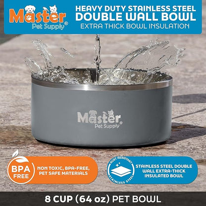 Master Pet Supply Stainless Steel Dog Bowls - 64 oz, Heavy Duty - Graphite, Double Wall Extra-Thick Insulated, Non-Slip Pet Water Bowl for Dogs, Cats & Pets, Anti Rust Metal, Dish Washer Safe