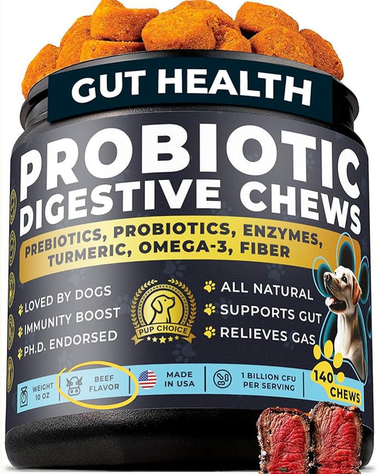 Probiotics for Dogs – Gut Health Support for Less Gas, Better Digestion & Regular Stools – Soft Beef Chews with Digestive Enzymes, Prebiotics & Fiber – 140 Count