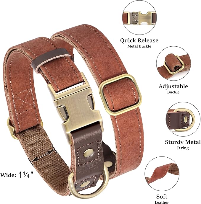 Didog Soft PU Leather Dog Collar for Large Dogs,Classic Adjustable Wide Dog Collars with Quick Release Metal Buckle,Easy Clean and Comfortable,Reddish Brown,XL Neck 20-27", Width 1¼"