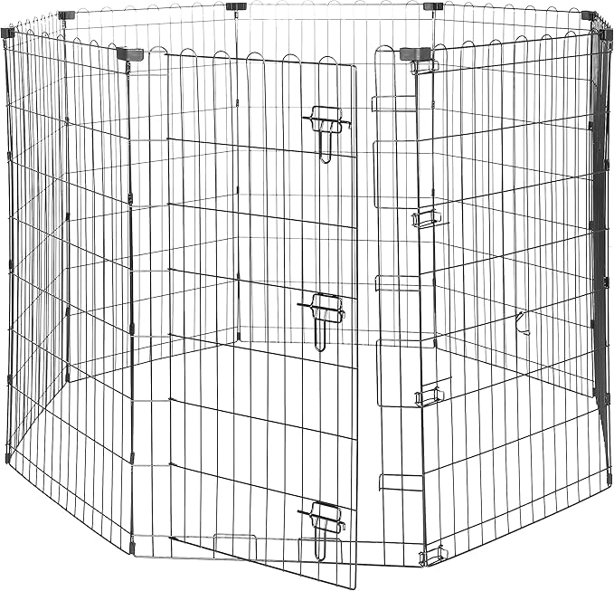 Amazon Basics Foldable Octagonal Metal Exercise Dog Playpen, Indoor/Outdoor, Single Door, 8 Panels, 24 x 42 Inches, Portable Pet Fence, Large, Black