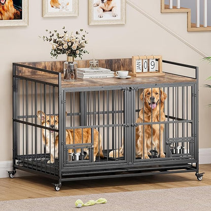 YITAHOME 37.5'' Heavy Duty Dog Crate with Removable Divider, Double Doors & Locks Design, Furniture Style Large Dog Crate with 360° Rotatable Dog Bowls & 360° Wheels & 2 Trays for Small Dog