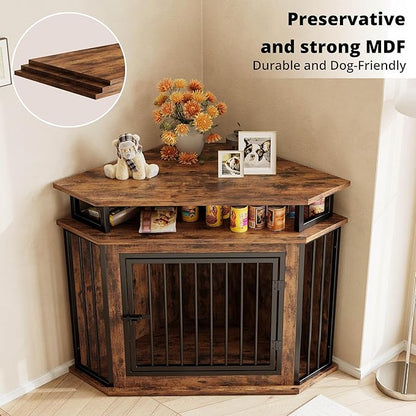 IRONCK 44" Corner Dog Crate with 2-Tier Shelves, Wooden Dog Kennel Furniture, Dog Kennel Indoor Furniture for Small and Medium Dogs, Rustic Brown (23.6" L x 43.3" W x 32.3" H)
