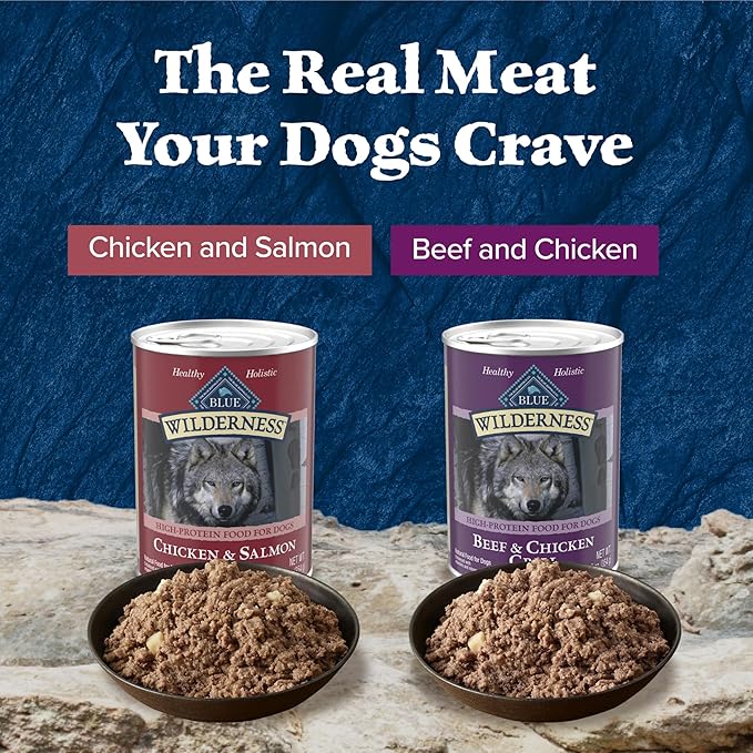Blue Buffalo Wilderness High Protein Beef and Chicken & Salmon and Chicken Wet Dog Food Variety Pack for Adult Dogs,Grain-Free,12.5 oz Cans,(Pack of 12)