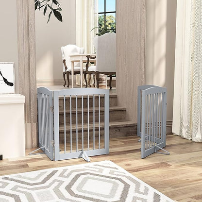 PUPETPO Freestanding Pet Gate for Dogs, Foldable Wooden Dog Gate for House, Indoor Pet Barrier for Stairs, Doorways, Support Feet Included, 24" Height 2 Panels, Grey