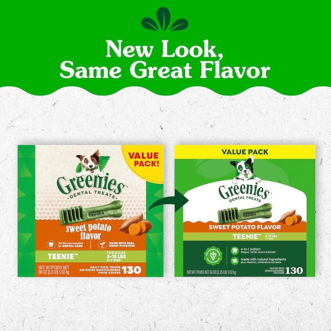 Greenies Dog Treats Veterinarian-Recommended Natural Dental Treats for Dogs, Teenie Size, Sweet Potato Flavor, 36 oz. Pack, 130 Count