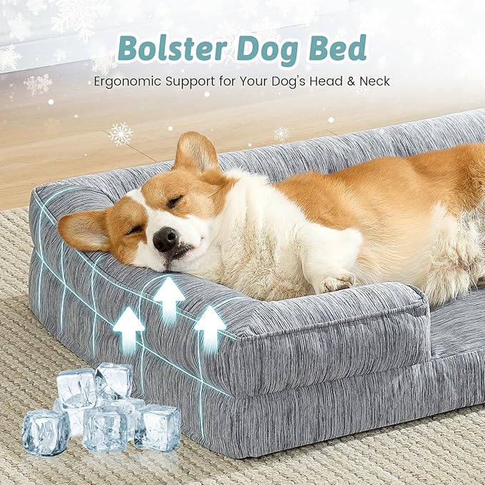 Cooling Dog Bed for Large Medium Size Dogs, Q-Max >0.4 Summer Cool Orthopedic Pet Sofa Bed with Sides, Bolster Anti-Slip Couch with Washable Removable Cover, L 36x27x6.5 inch, Dark Grey