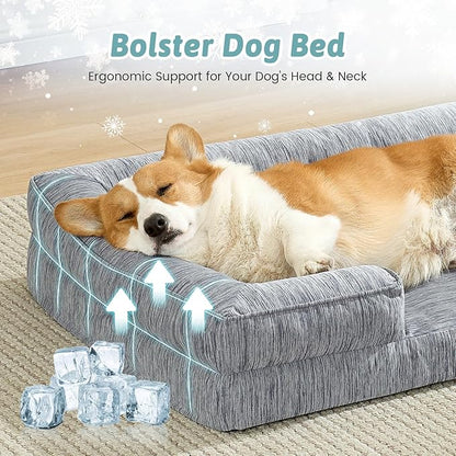 Cooling Dog Bed for Large Medium Size Dogs, Q-Max >0.4 Summer Cool Orthopedic Pet Sofa Bed with Sides, Bolster Anti-Slip Couch with Washable Removable Cover, L 36x27x6.5 inch, Dark Grey